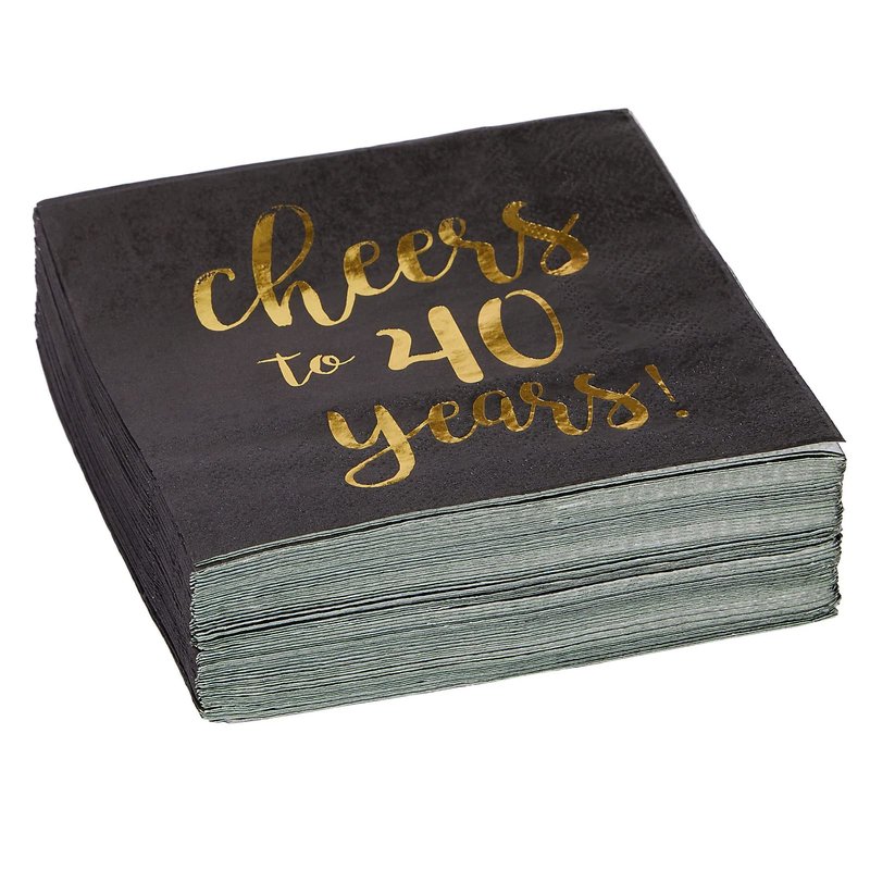 BLUE PANDA 40th Birthday Napkins - 5 x 5 In, 50-Pack, 3-Ply, Black & Gold Foil - Cheers to 40 Years & Cocktail Napkins for Birthday Party Decor