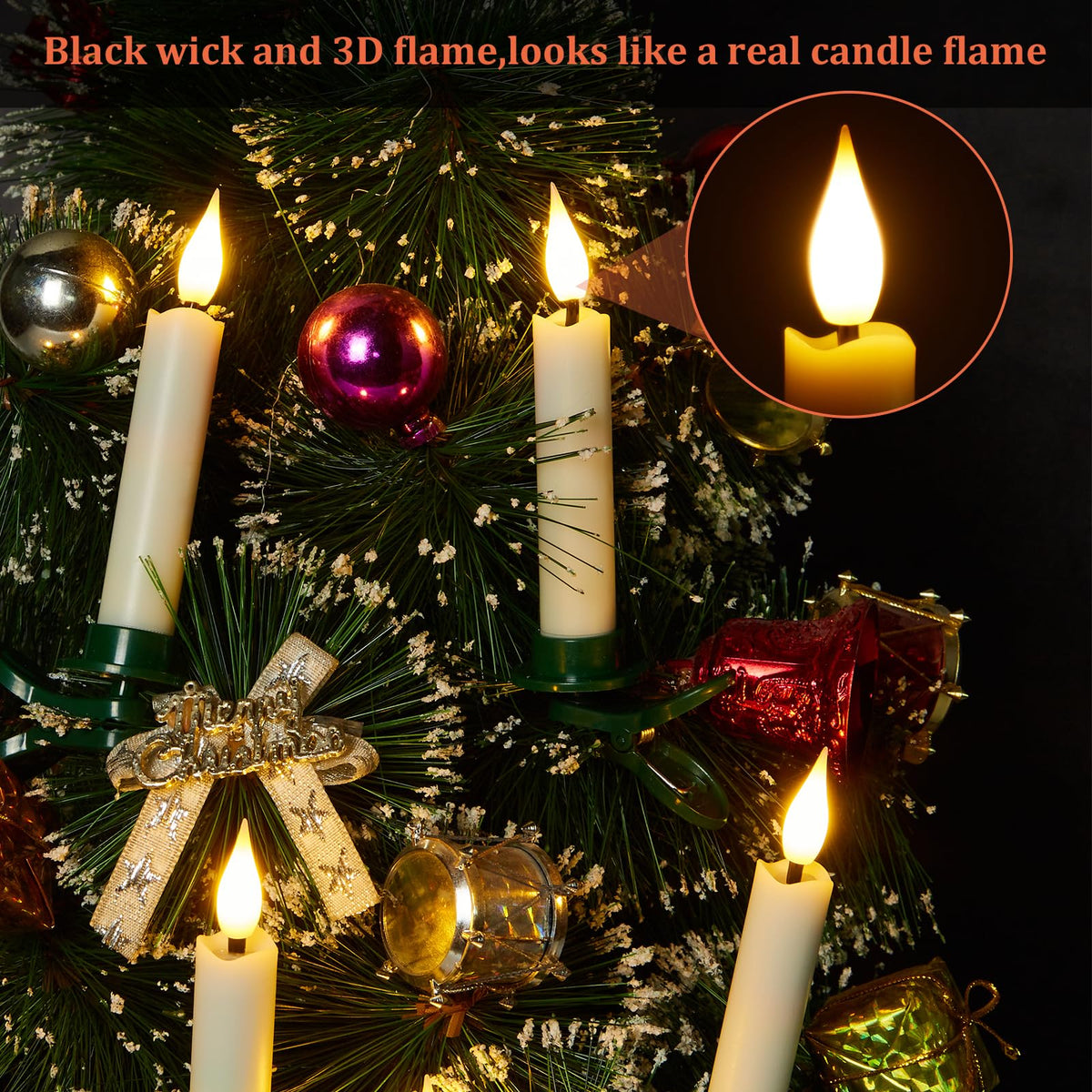 IMAGE 12Pcs LED Taper Candles Light Set Flameless 3D Wick Ivory Candles with Clip-on Christmas Tree Design, 10-Key Remote with Timer, Warm White Light, Battery Operated for Versatile Decoration