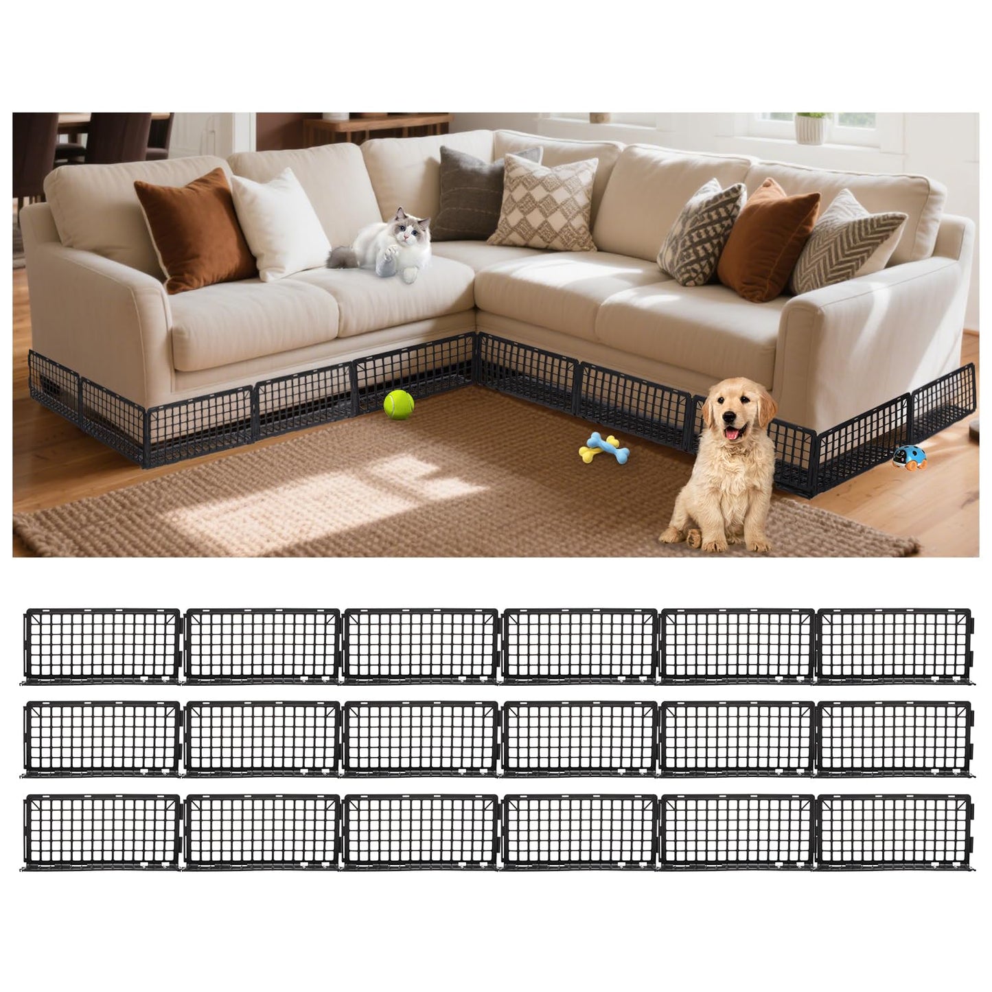 6.5" Height 261" Length in Total Under Couch Blocker, Under Bed Blocker for Pets Stop Pets from Hiding Under Furniture, Detachable Assembleable Under the Couches Blockers for Sofa Bed Cabinets, Black