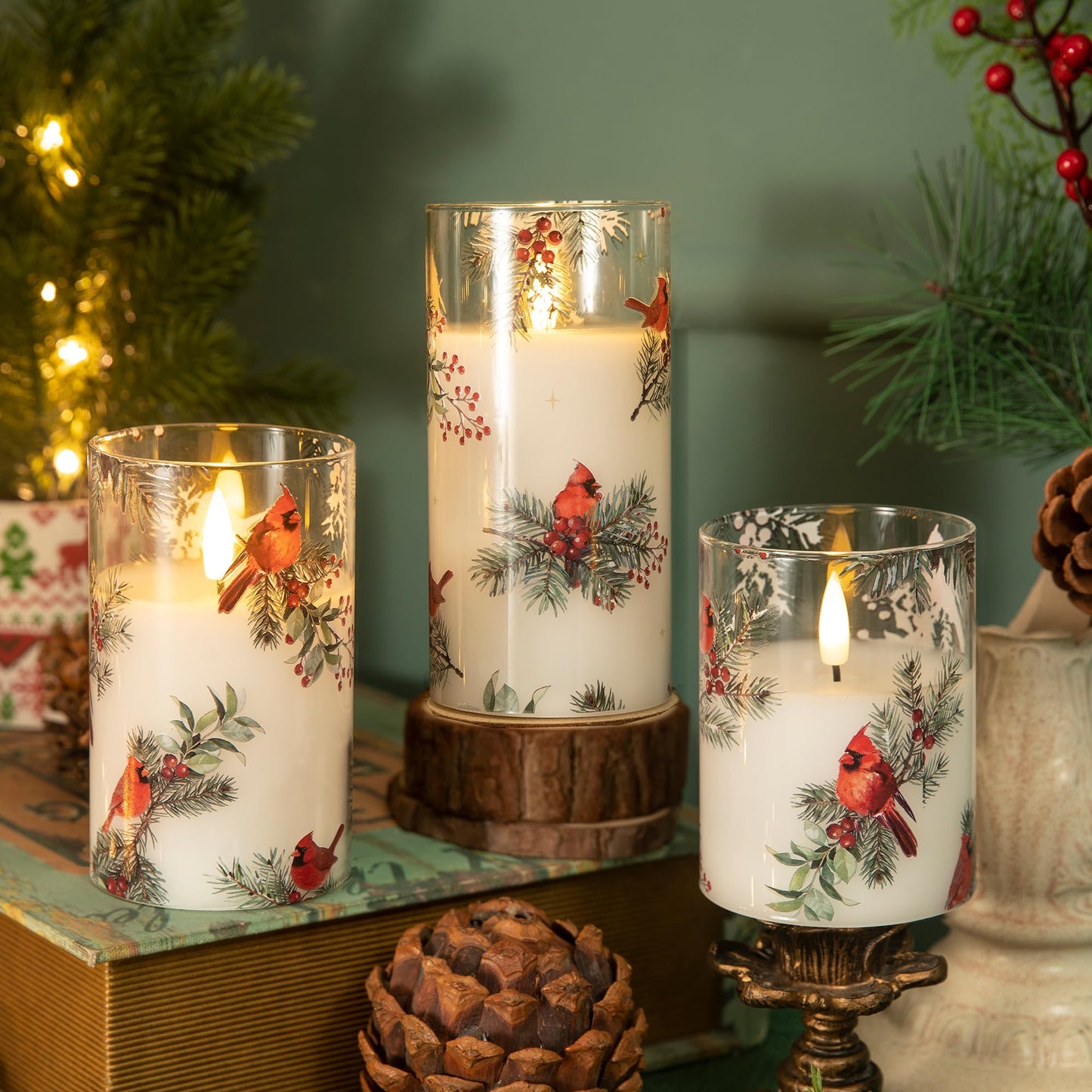 LUSHARBOR LUSHABOR Christmas Flameless Candles, 3 Pack Battery Operated Candles for Christmas Mantel Decor, Glass LED Flickering Candles Home Xmas Party Holiday D3 H4 5" 6", Bird