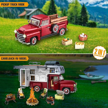 Car Building Block 2-in-1 Camper Van Building and Farm Pickup Truck Building Set Toy for Adult Retro Rvs Building Block Kit Set 2188pcs