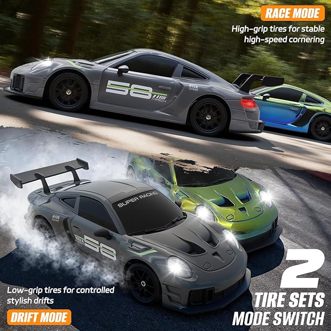 RC Drift Car 1:24 4WD Remote Control Cars Vehicle with LED Light2.4GHz 20KM/H High Speed RC Cars with Two Batteries &amp Drifting Tires Racing Sport Toy for Adults Boys Girls Kids