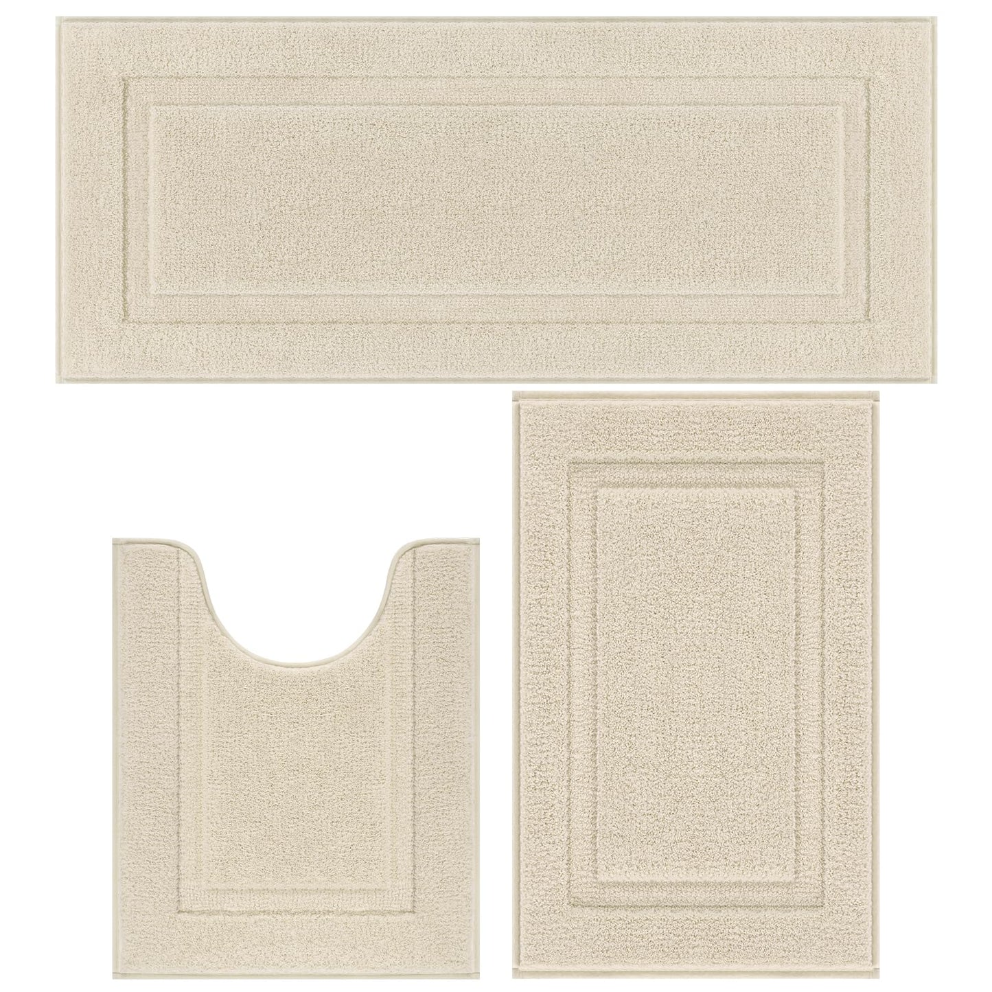 SHACOS Soft Fluffy Bathroom Runner Rugs Set of 3 Bath Mats with U Shape Toilet Rugs Non Slip Washable Bath Rugs Absorbent Bathroom Carpet for Shower Tub, Light Beige