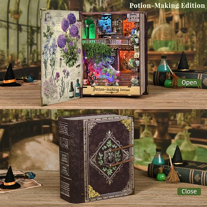 Book Nook Kit DIY Miniature Dollhouse Booknook Kit 3D Wooden Puzzle for Teens and Adults Bookend Bookshelf Insert Decor with LED Light (Potion-Making Edition)