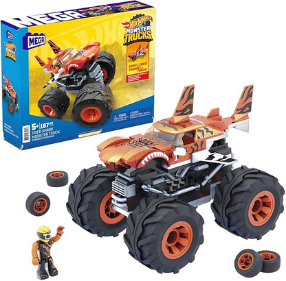 MEGA Hot Wheels Monster Trucks Building Toy Playset Tiger Shark with 187 Pieces 1 Micro Action Figure Driver Orange and Black Kids Age 5+ Years