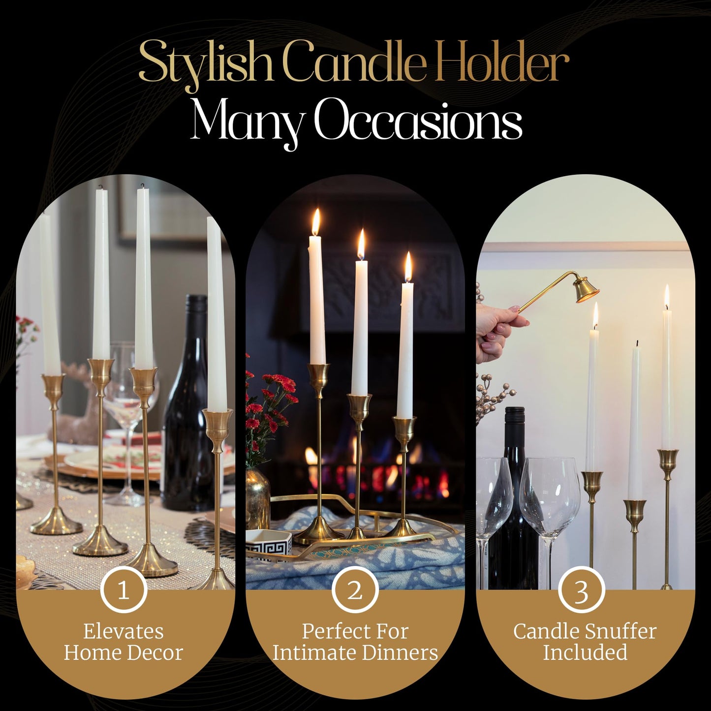 Gold Candleholders for Taper Candlesticks Plus Candle Snuffer – Dining Table Décor Centrepiece - Brass Candelabra Candlestick Holder - Gold Décor for Home Weddings Celebrations Events (Set of 6 Pcs)