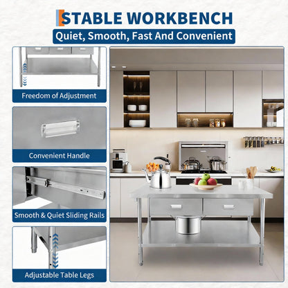 Stainless Steel Table with Drawers, 48" X 24" Heavy Duty Commercial Work & Prep Table with Adjustable Undershelf, Work Tables Workbench for Home Restaurant Kitchen Bar Hotel Garage