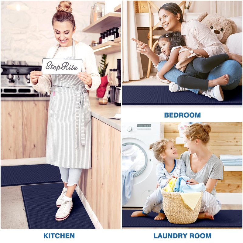 StepRite Kitchen Mats, 2PCS Kitchen Rugs, Cushioned Anti Fatigue Kitchen Mats for Floor, Non-Slip Standing Desk Mat, Waterproof Kitchen Rug Set for Kitchen, Floor, Office, 17.3"x30"+17.3"x70", Blue