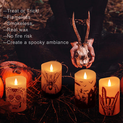 Softflame Halloween Flameless LED Candles with Remote Control, 3"x 5"Battery Operated Pillar Real Wax with Timer for Halloween Decorations, Ghost House Candle