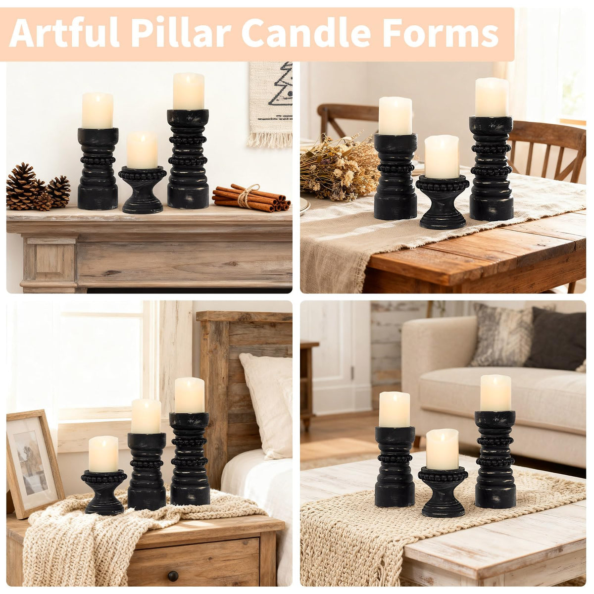 MODE HOME Rustic Black Wood Candle Holders Set of 3, Farmhouse Beaded Wood Pillar Candle Holder, Candle Holders for Pillar Candles & Candlesticks, Candle Sticks Holder Decor for Table Centerpiece