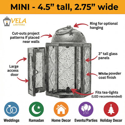 VELA LANTERNS Mini Moroccan Tea Light Candle Holder Lanterns – 4.25" Small Decorative Lantern for Table or Hanging, Metal with Glass Panels – Ramadan, Wedding, Home Decor, Matte White (Set of 4)