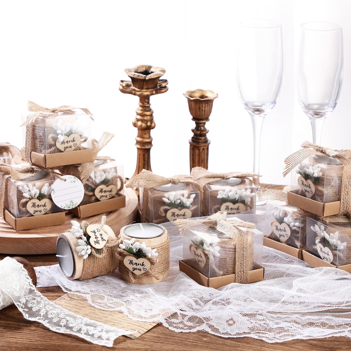 Retisee Wedding Candle Favors for Guests Bridal Shower Wood Memorial Tealight Candle Holder Thank You Gifts Handmade Candles for Wedding Baby Shower Housewarming Table Centerpiece(32 Sets)