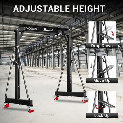 3 Ton 6600LBS Gantry Crane, Adjustable Height 8.53 to 12.47ft, Steel I-Beam Construction Portable Shop Hoist for Factories, Warehouses, Auto Repair, Construction Site, Black