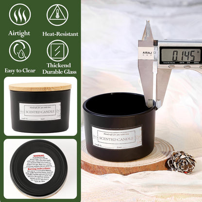 CONNOO 15 Pack 4 OZ Matte Black Glass Candle Jars with Airtight Bamboo Lids for Making Candles, Bulk Small Wide Mouth Empty Candle Containers with Sticky Warning Labels - Dishwasher Safe