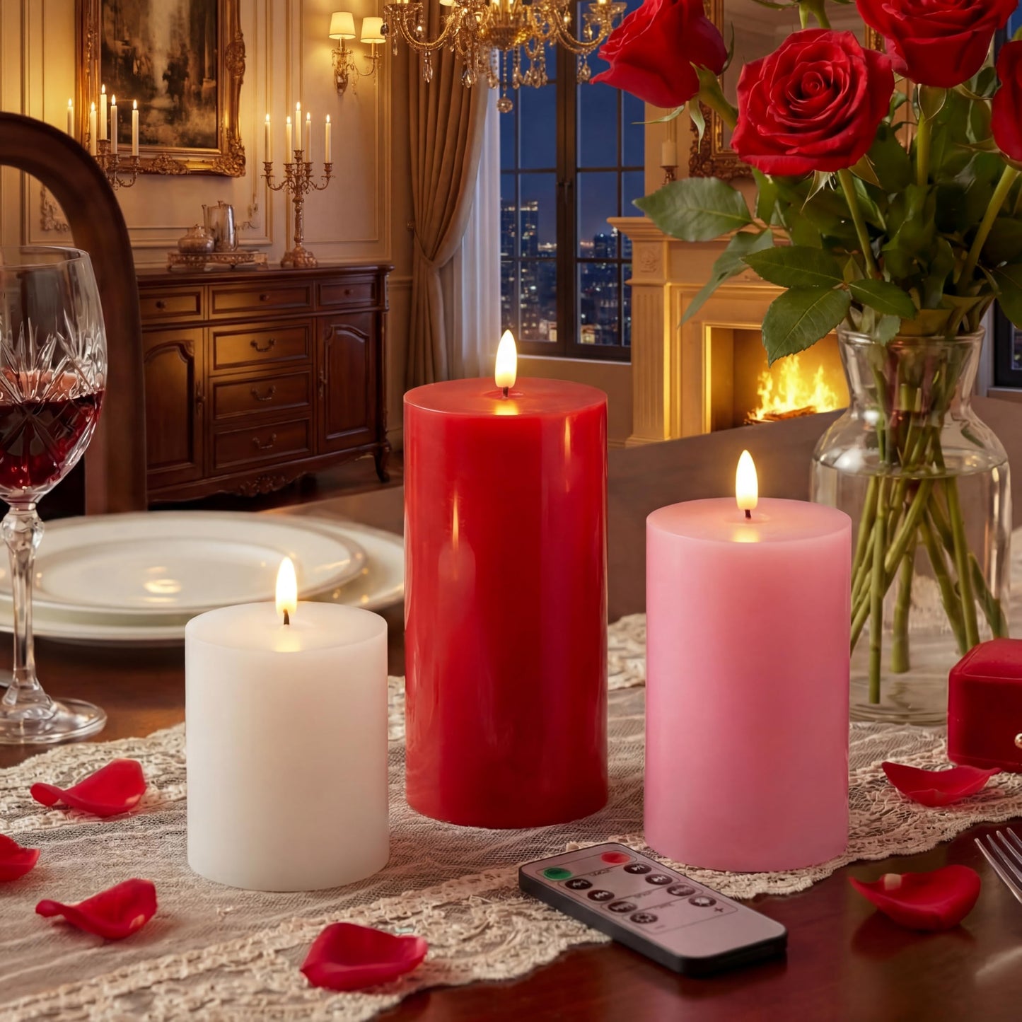 Grinsvalley 3 Pcs Mother's Day Flameless Candles Battery Operated Wax LED Flickering Flameless Pillar Candles with Remote for Home Table Dating Wedding Party Decor