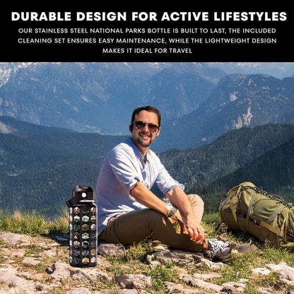 National Parks Water Bottle With 63 Stickers & Straw Cleaner Brush | 32 Oz Insulated Stainless Steel, BPA-Free, And Leak-proof Bottle For Hiking, Camping & Travel | Gift-ready Box (BLACK)