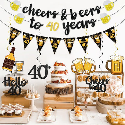 Black Gold 40th Birthday Decorations for Him Men, Glitter Pre-Strung Cheers to 40 Years Banner Hello 40 Hanging Swirls Paper Triangle Flag Banner Decorations Bday Party Supplies Kit