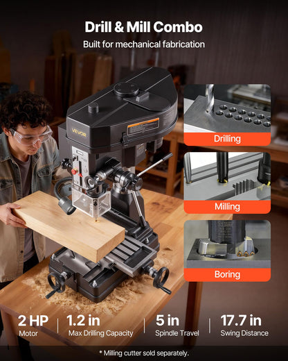 VEVOR 15.875-Inch Mill Drill Machine, 2 HP, Benchtop Milling Drill Press, 150-2560 RPM Adjustable Speed, with Rotating Vise, Laser and Work Light, Milling Drilling Machine, for Woodworking Light Metal