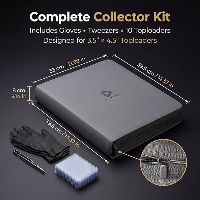 Toploader Binder 9 Pocket Holds 360 Toploaders - Collector Kit Gloves Tweezers &amp Gift Box - Holder for 3x4 Top Loaders - Mesh Pocket for Top loader Zippered Storage Album TCG &amp Sports Cards