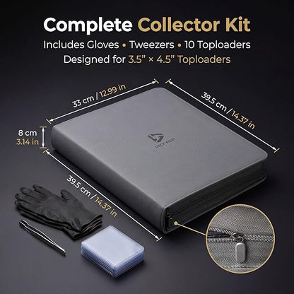 Toploader Binder 9 Pocket Holds 360 Toploaders - Collector Kit Gloves Tweezers &amp Gift Box - Holder for 3x4 Top Loaders - Mesh Pocket for Top loader Zippered Storage Album TCG &amp Sports Cards
