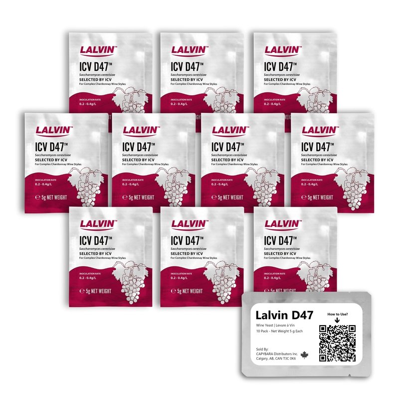 Lalvin D47 Wine Yeast (10 Pack) - Make Wine Cider Mead Kombucha At Home - 5 g Sachets - Saccharomyces cerevisiae - Sold by CAPYBARA Distributors Inc.