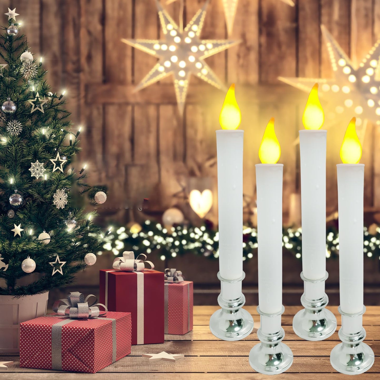 Christmas Window Candles with Timer - Set of 4 Battery Operated LED Flickering Candles (9 inch), 6/18H Auto On/Off, Silver Base for Indoor Table Decor, Holiday Party, Home Window Decorations