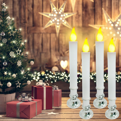 Christmas Window Candles with Timer - Set of 4 Battery Operated LED Flickering Candles (9 inch), 6/18H Auto On/Off, Silver Base for Indoor Table Decor, Holiday Party, Home Window Decorations