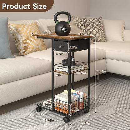 Vintage C Shaped End Table with Storage Basket, Tiltable & Large Tabletop Side Table with Drawer, Bedside Table with Wheels, Rolling C Table for Living Room, Bedroom, Bedside, Rustic Brown and Black