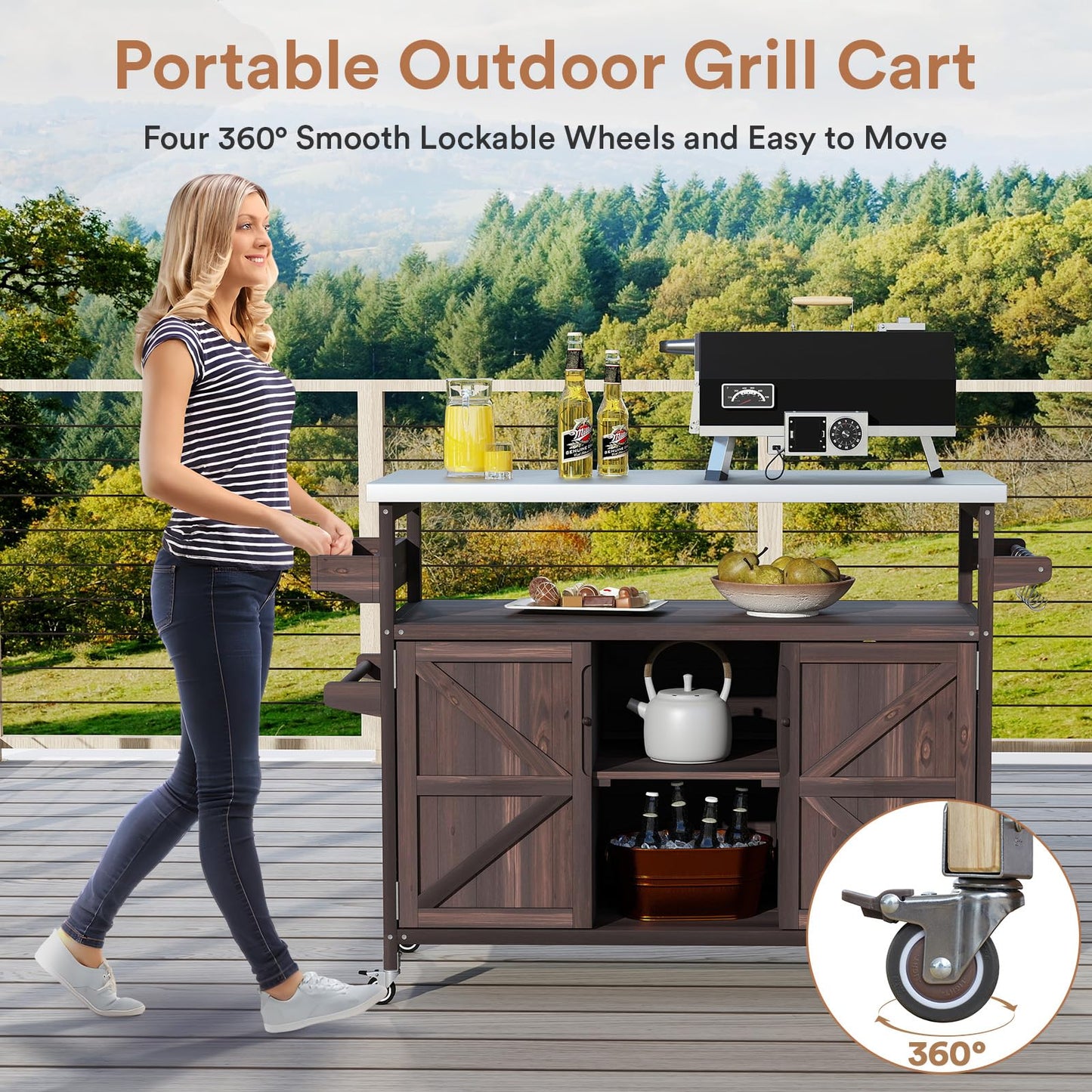 Zevemomo Outdoor Grill Cart with Storage Space, Stainless Steel Tabletop Outdoor Kitchen Island, Fir Wood Outdoor Buffet Cabinet with Lockable Casters for Grilling, Brown
