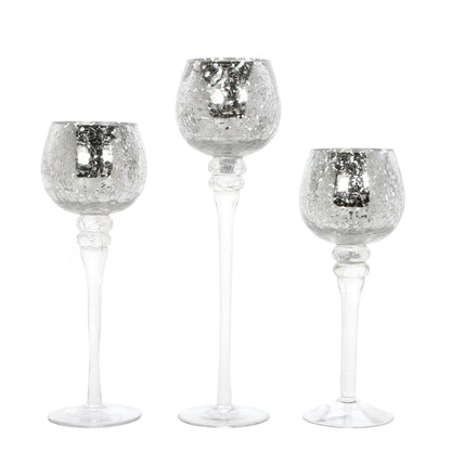Hosley Set of 3 Crackle Metallic Glass Tealight Holders 12 Inch, 10 Inch, 9 Inch Elegant Home Decor for Ambient Lighting and Stylish Centerpieces and Gift
