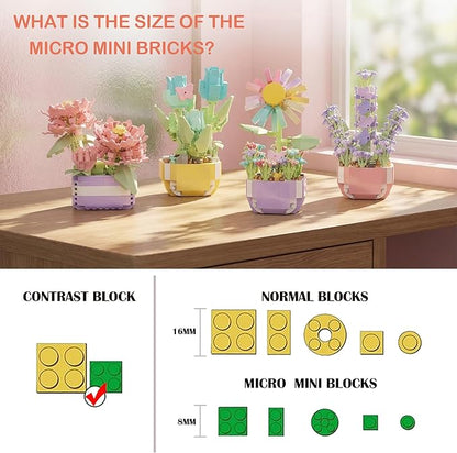 Mini Flower Bouquet Building Sets - Botanical Collection Artificial Flowers for Home Decor Creative Easter Gifts for Teens Girls &amp Adults (Chrysanthemum sunflower tulip lavender set of four)