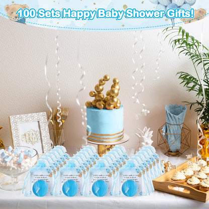 Amyhill 100 Set Bear Baby Shower Party Favors Gift Includes Unscented Blue Tealight Candles Gender Neutral Gift Candles Baby Shower Cards and Organza Bags for Guests Friend Gender Reveal Party