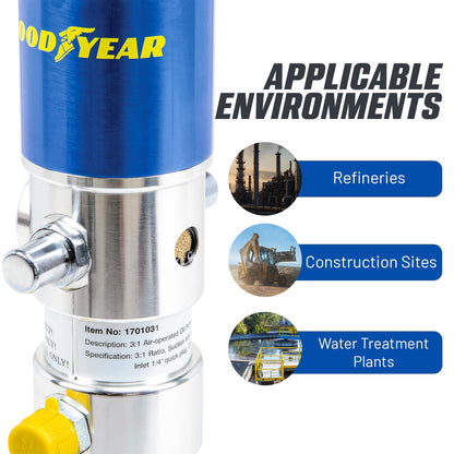 Goodyear Oil Transfer Pump Air Operated Pneumatic 3.1GPM / 12LPM PRO Heavy Duty Double Action 3:1 Fast High Flow Rate for SAE130 Oils/Fluids (NOT for Gasoline or Diesel)