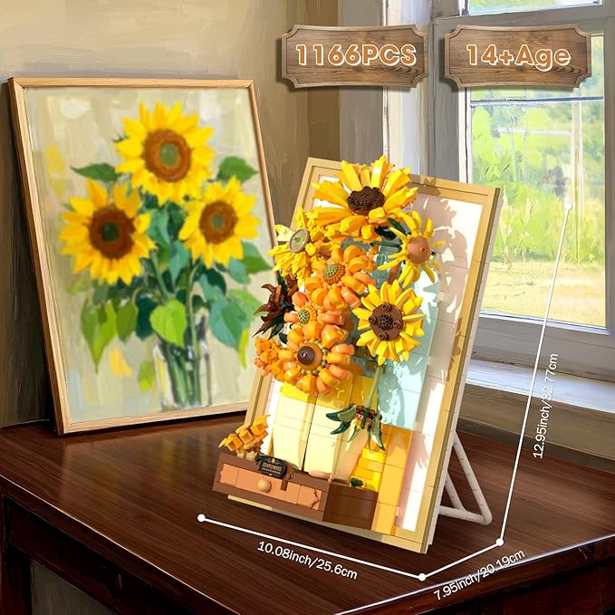 Building Block Sets Van Gogh Sunflower Painting Building Toys with Sensor Light 1166 Pcs 3D Framed Wall Art for Adults DIY Model Kit for Home Office Decor Gift for Women &amp Art Lovers