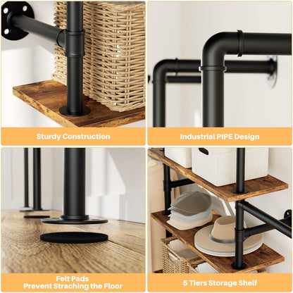 Aheaplus Industrial Pipe Clothing Rack, Reversible 6.42FT Clothes Rack for Hanging Clothes, Heavy Duty 5-Tier Closet Wardrobe Garment Racks with Shelves, Corner Closet Organizer System, Rustic Brown