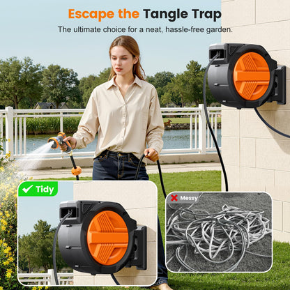 Retractable Garden Hose Reel 5/8” x 100ft, Auto Rewind Hose Reels for Outside, Heavy-Duty Wall-Mounted Outdoor Hose, 10-Mode Nozzle, Adjustable Length, 180° Rotation for Watering, Car Washing