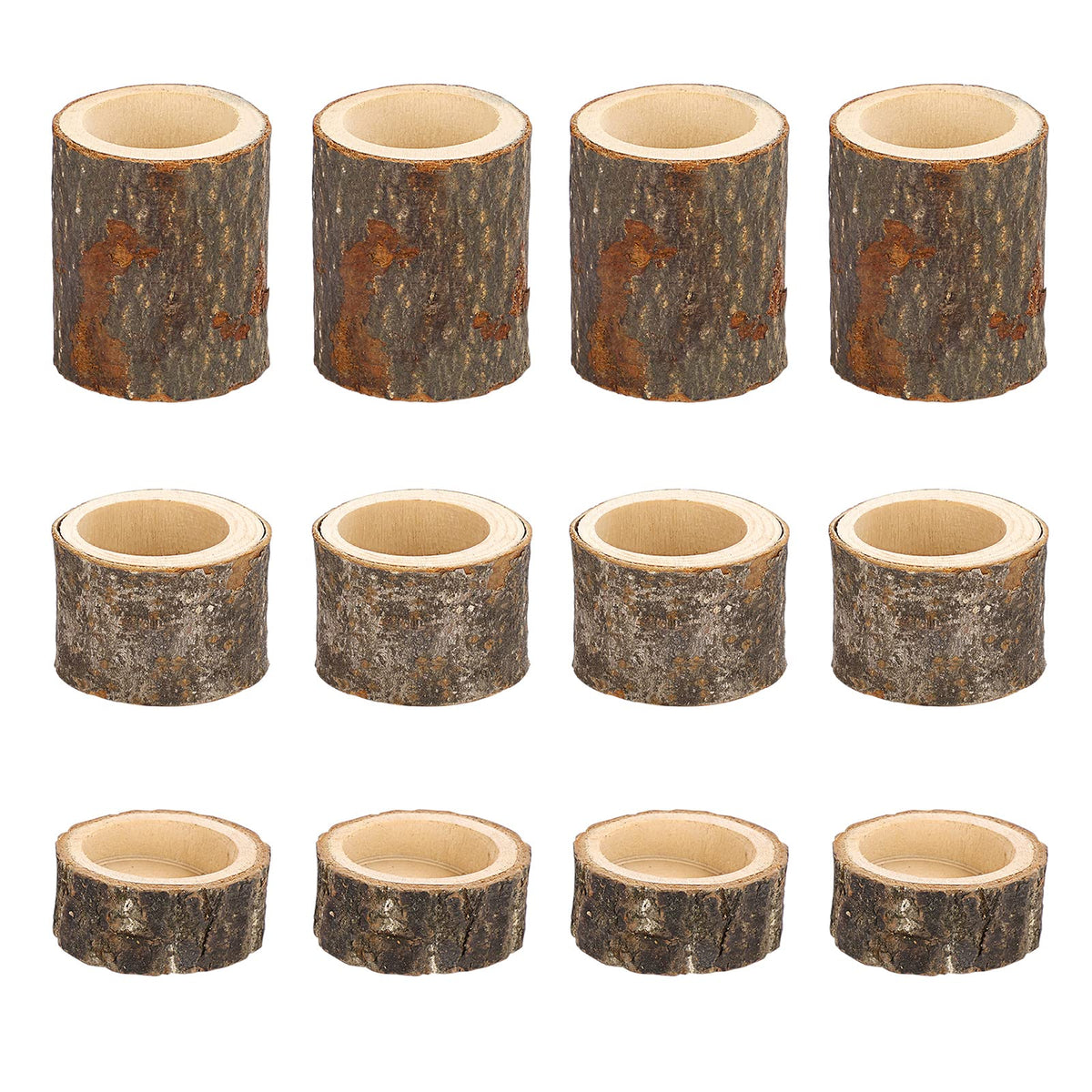 OwnMy Set of 12 Wooden Tea Light Candle Holders Votive Candle Holders, Rustic Pillar Candle Stands Vintage Wood Tealight Holders Set for Wedding Party Dining Table Centerpieces, 1" + 1.6" + 2.7"