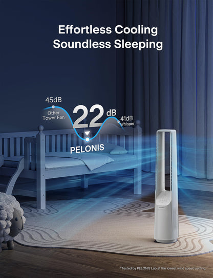 PELONIS Bladeless Tower Fan with 26-33ft Powerful Airflow, Alexa and Google Compatible, 6-Speed Settings, Quiet DC Motor, 120° Oscillation, 7-Hour Timer - Ideal for for Bedroom Home Office Use,White