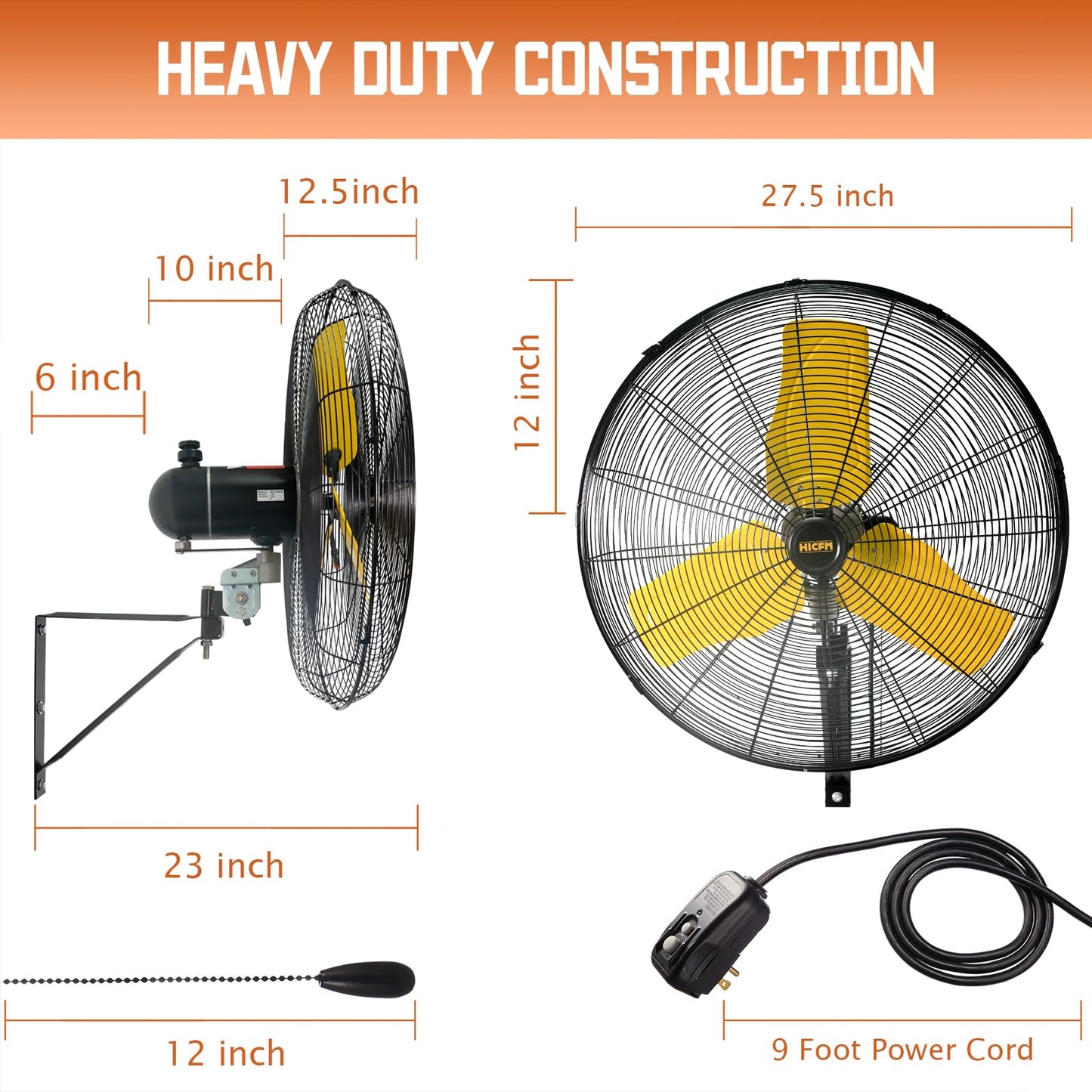 HiCFM 24" Oscillating Wall Fan, 8900 CFM High Velocity Industrial Wall Mounted Heavy Duty Shop Fans with 3 Speed Settings 80° Oscillation for Outdoor Commercial Garage Warehouse workshops Factory