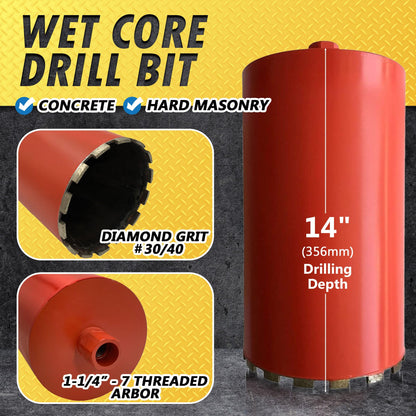 10" Wet Drill Core Bits for Concrete and Hard Masonry, 10mm Segment Height, 14" Drilling Depth, 1-1/4"-7 Arbor, Wet Only