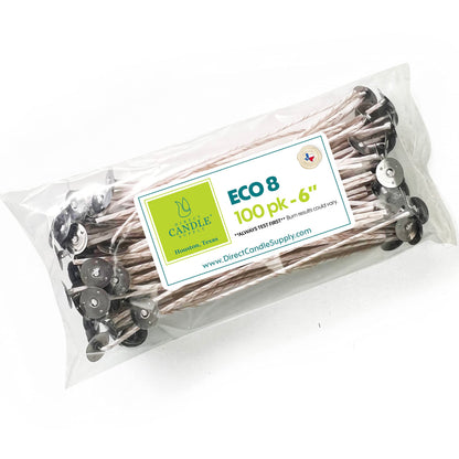 ECO 8 Wicks for Candle Making, 6 inch Pre-Waxed Wicks with Base 100pk White…