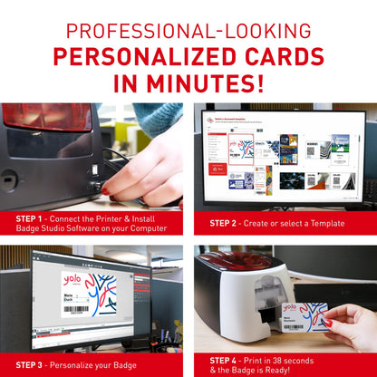 Badgy200 Plastic Card Printer with Badge Studio+ ID design software for full color, custom, tamper proof ID badges in seconds