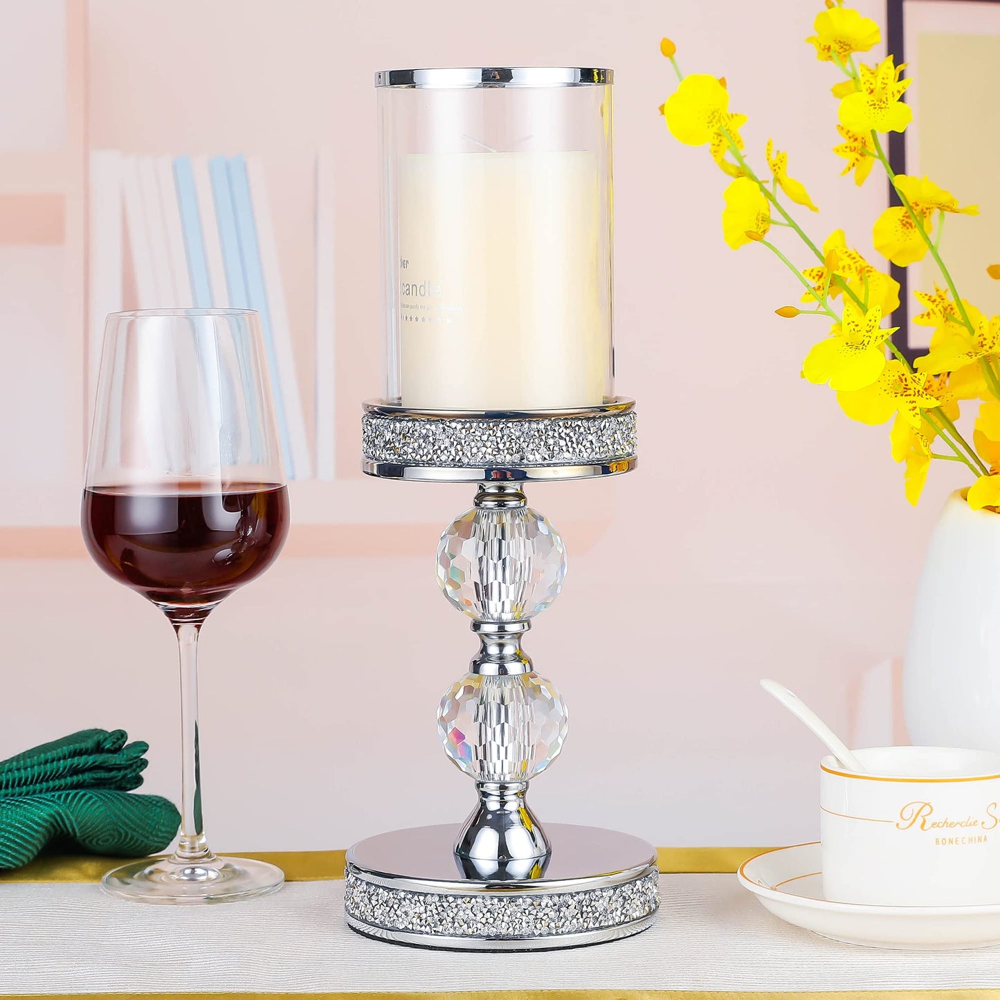 Candle Holders for Pillar Candle, Pillar Crystal Candle Holders, Candlesticks Holder for Wedding, Dining Coffee Table, Centerpieces, Home Decor CH00XM