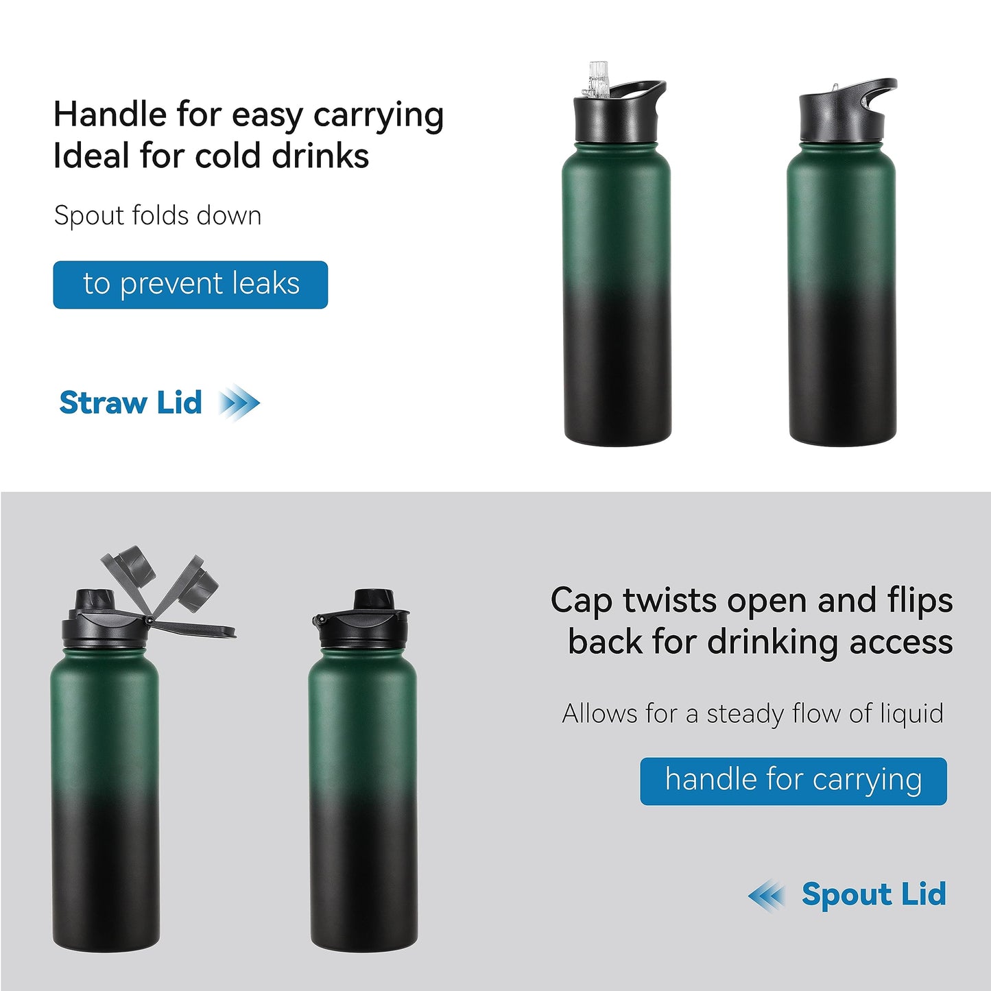 VEGOND 40 oz Insulated Water Bottle Bulk Stainless Steel Metal Water Bottles with Leak Proof Straw Lid & Spout Lid, Wide Mouth Double Walled Vacuum Travel Sports Bottle, 4 Pack