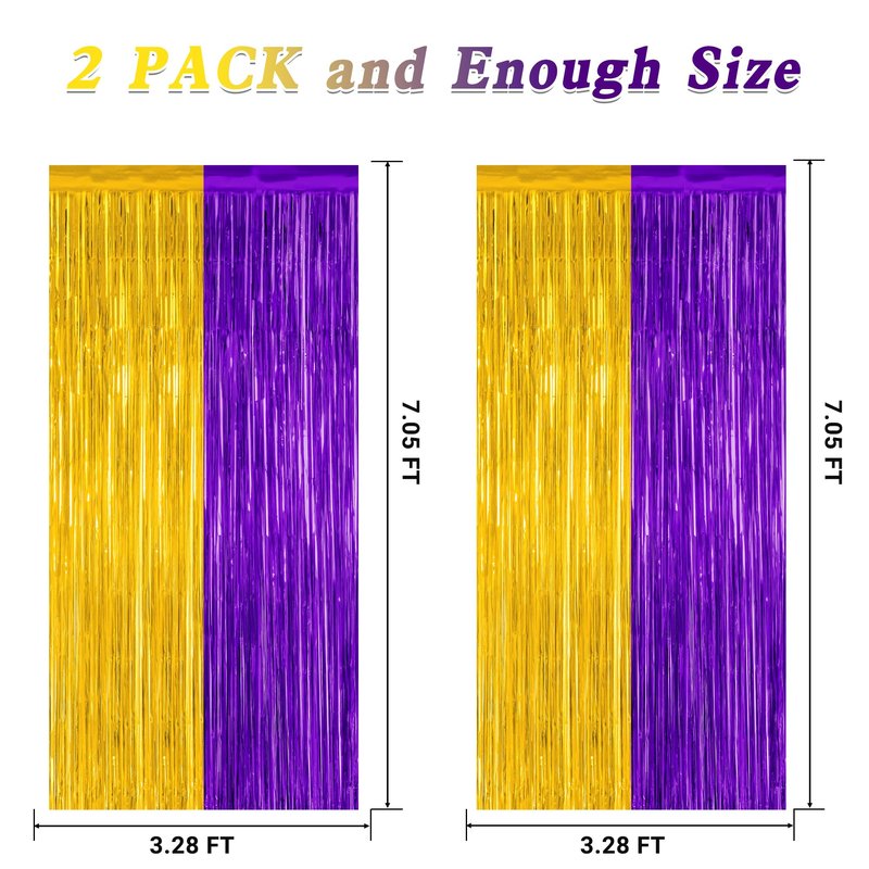 2 Pack Graduation Backdrop, 3.28 FT x 7.05 FT Grad Party Decorations 2026, Purple Gold Backdrop Foil Fringe Curtains, Metallic Purple and Gold Graduation Decorations Class of 2026 Decor