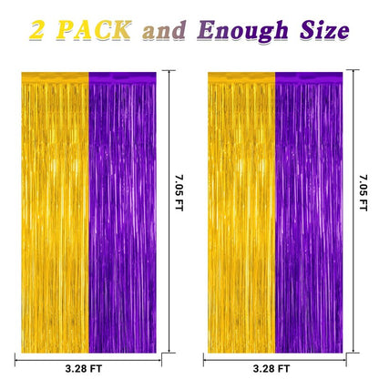 2 Pack Graduation Backdrop, 3.28 FT x 7.05 FT Grad Party Decorations 2026, Purple Gold Backdrop Foil Fringe Curtains, Metallic Purple and Gold Graduation Decorations Class of 2026 Decor