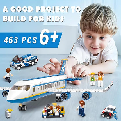 City Passenger Airplane Building Set 4 in 1 STEM Toy with a Large Plane Passenger Bus Luggage Truck Container Loader and 7 Minifigures Compatible with Lego Plane Airport Gift for Boy 6-12