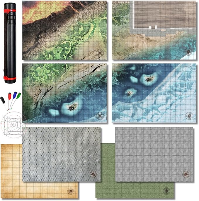 iPEAU|DND Map Starter Set Tabletop Mat 4 Dry Erase Boards 23×33 with 1 Grid&ampHex RPG Battle Mat for Dungeon and Dragons Accessory Pathfinder&amp Warhammer Reusable Flexible GM Layout System Acce