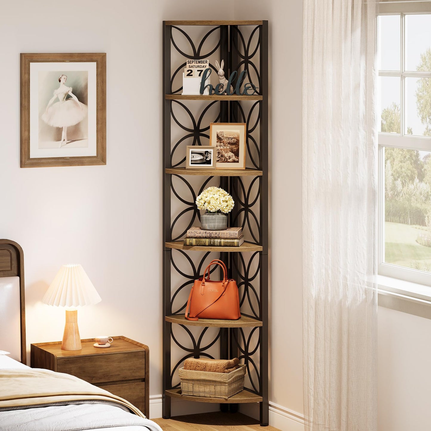 Tribesigns 6-Tier Corner Shelf, Industrial 70.9" Rustic Corner Bookshelf Display Shelf for Living Room, Wooden Shelving Unit Plant Stand Storage Rack for Bedroom, Kitchen, Small Place, Rsutic Brown