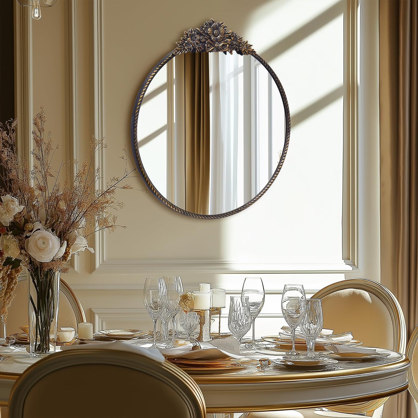 YIDIE Round Mirror, 28''Baroque Style Wall Mirror Metal Frame Circle Mirrors for Entryway, Living Room or Bedroom,Retro Black